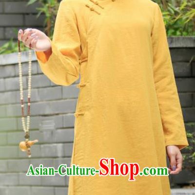 Chinese Traditional Tang Suit Yellow Flax Qipao Blouse Classical Overcoat Costume for Women