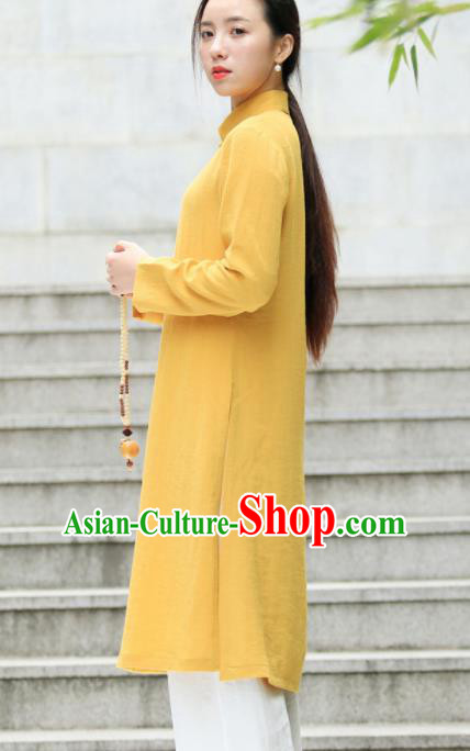 Chinese Traditional Tang Suit Yellow Flax Qipao Blouse Classical Overcoat Costume for Women Chinese Traditional Tang Suit Yellow Flax Qipao Blouse Classical Overcoat Costume for Women