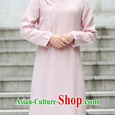 Chinese Traditional Tang Suit Pink Flax Qipao Blouse Classical Overcoat Costume for Women
