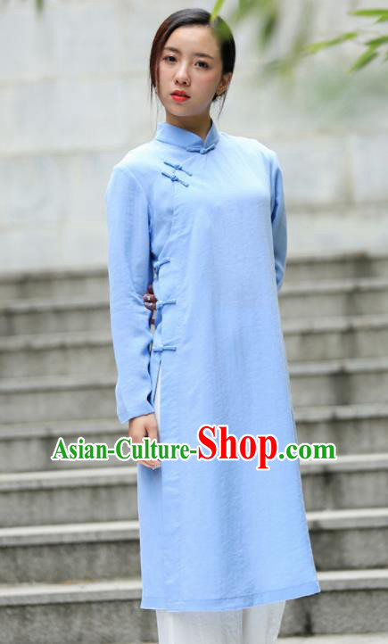 Chinese Traditional Tang Suit Blue Flax Qipao Blouse Classical Overcoat Costume for Women Chinese Traditional Tang Suit Blue Flax Qipao Blouse Classical Overcoat Costume for Women