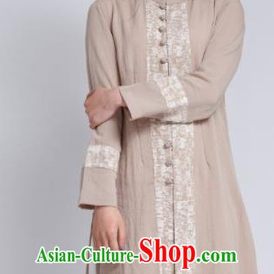 Chinese Traditional Tang Suit Khaki Flax Cardigan Classical Overcoat Costume for Women