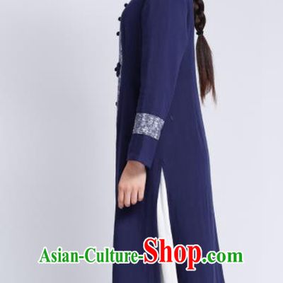 Chinese Traditional Tang Suit Navy Flax Cardigan Classical Overcoat Costume for Women