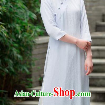 Chinese Traditional Tang Suit Light Blue Qipao Dress Martial Arts Kung Fu Tai Chi Costume for Women