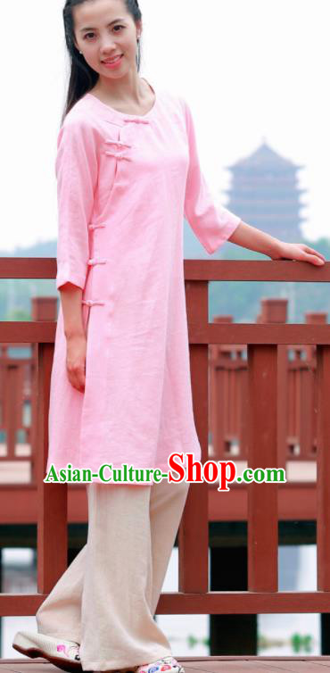 Chinese Traditional Tang Suit Pink Flax Blouse Classical Dress Costume for Women Chinese Traditional Tang Suit Pink Flax Blouse Classical Dress Costume for Women