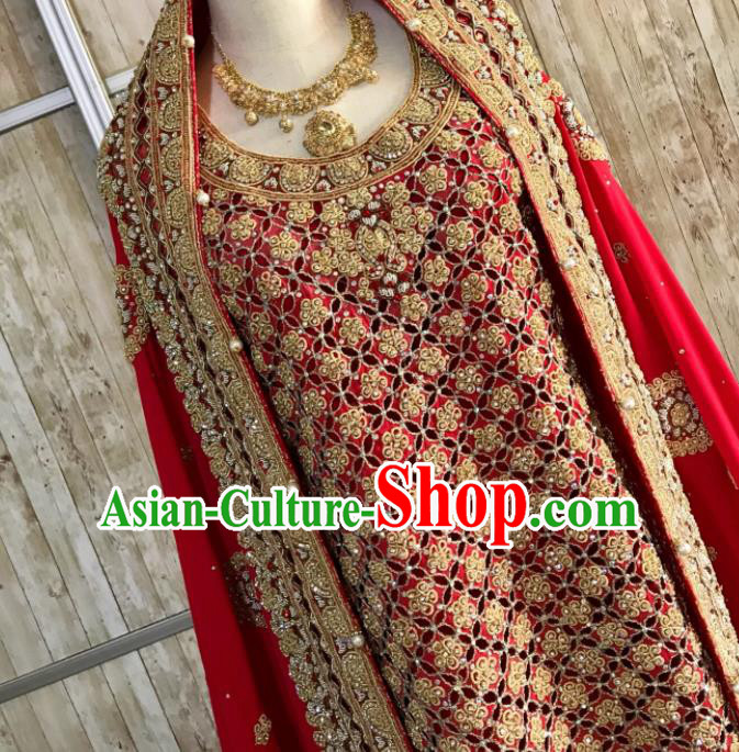 South Asia Pakistan Islam Bride Muslim Embroidered Red Dress Traditional Pakistani Hui Nationality Wedding Luxury Costumes for Women