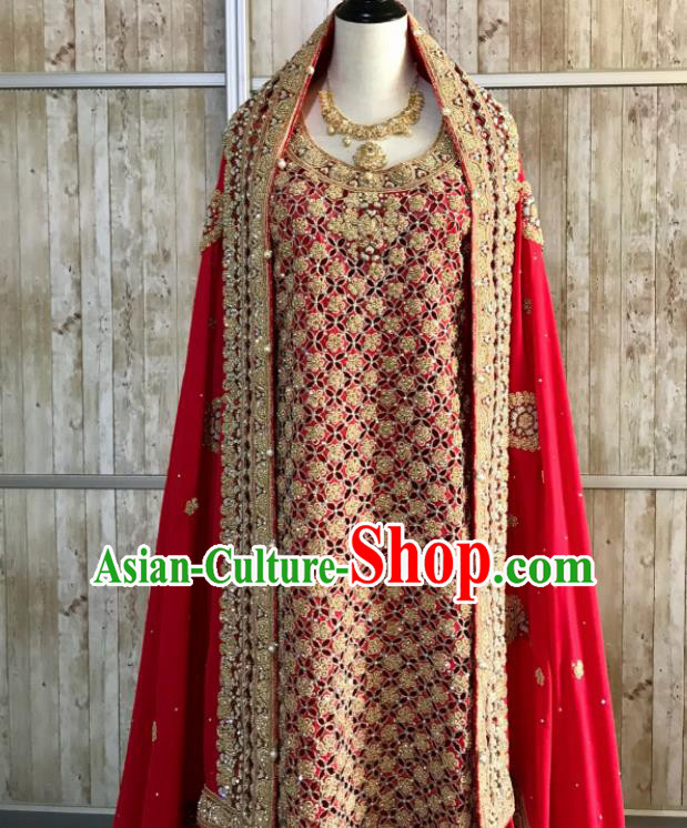 South Asia Pakistan Islam Bride Muslim Embroidered Red Dress Traditional Pakistani Hui Nationality Wedding Luxury Costumes for Women
