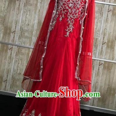 South Asia  Indian Bride Red Veil Dress Traditional   India Hui Nationality Wedding Luxury Costumes for Women