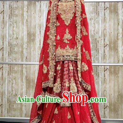 South Asia  Indian Bride Red Dress Traditional   India Court Hui Nationality Wedding Costumes for Women