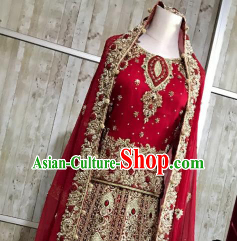 South Asia Pakistan Islam Muslim Queen Embroidered Red Dress Traditional Pakistani Court Hui Nationality Wedding Costumes for Women