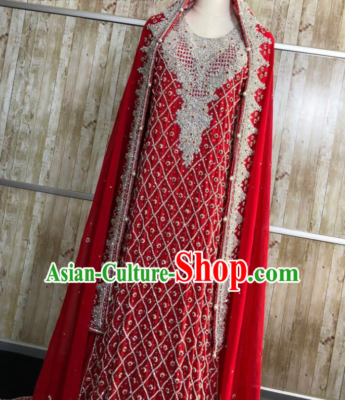 South Asia Pakistan Court Muslim Bride Embroidered Red Dress Traditional Pakistani Hui Nationality Islam Wedding Costumes for Women South Asia Pakistan Court Muslim Bride Embroidered Red Dress Traditional Pakistani Hui Nationality Islam Wedding Costumes for Women