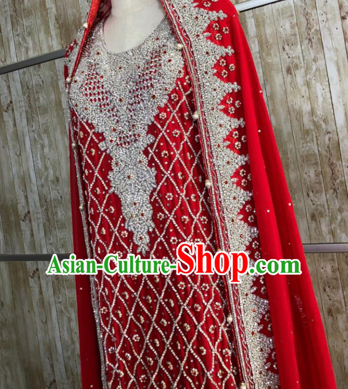South Asia Pakistan Court Muslim Bride Embroidered Red Dress Traditional Pakistani Hui Nationality Islam Wedding Costumes for Women South Asia Pakistan Court Muslim Bride Embroidered Red Dress Traditional Pakistani Hui Nationality Islam Wedding Costumes for Women