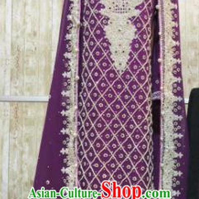 South Asia  Indian Court Bride Embroidered Purple Dress Traditional   India Hui Nationality Wedding Costumes for Women