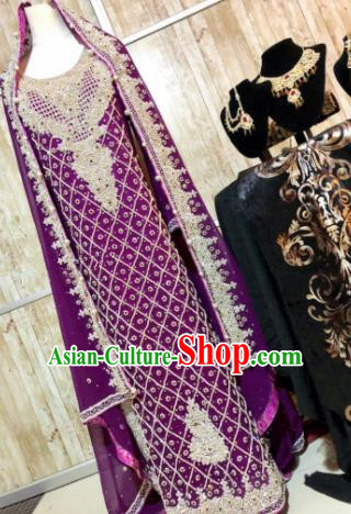 South Asia Pakistan Court Muslim Bride Embroidered Purple Dress Traditional Pakistani Hui Nationality Islam Wedding Costumes for Women