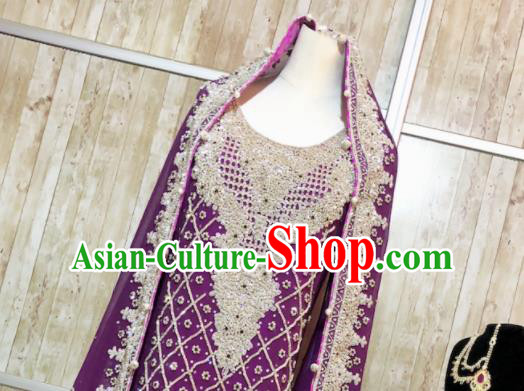 South Asia Pakistan Court Muslim Bride Embroidered Purple Dress Traditional Pakistani Hui Nationality Islam Wedding Costumes for Women