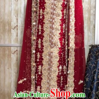 South Asia  Indian Court Bride Wine Red Embroidered Dress Traditional   India Hui Nationality Wedding Costumes for Women