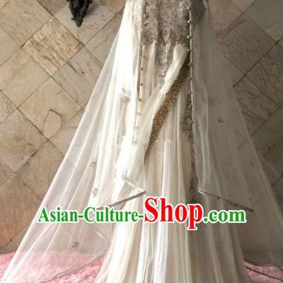 Asian  Indian Court Bride Embroidered White Wedding Dress Traditional   India Hui Nationality Costumes for Women