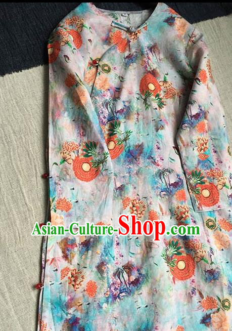 Chinese Traditional Tang Suit Printing Ramie Cheongsam National Costume Qipao Dress for Women Chinese Traditional Tang Suit Printing Ramie Cheongsam National Costume Qipao Dress for Women