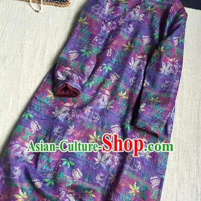 Chinese Traditional Tang Suit Printing Purple Flax Cheongsam National Costume Qipao Dress for Women