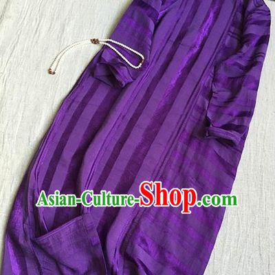 Chinese Traditional Tang Suit Printing Purple Linen Cheongsam National Costume Qipao Dress for Women