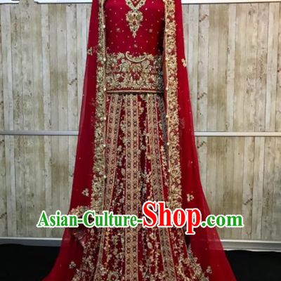 South Asia  Indian Court Queen Dark Red Embroidered Dress Traditional   India Hui Nationality Bride Wedding Costumes for Women