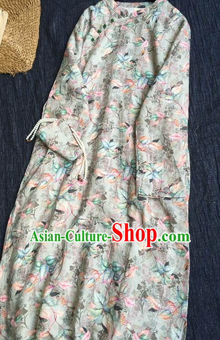Chinese Traditional Tang Suit Printing Flax Cheongsam National Costume Qipao Dress for Women Chinese Traditional Tang Suit Printing Flax Cheongsam National Costume Qipao Dress for Women
