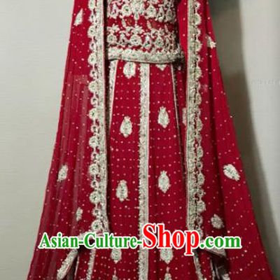 South Asia  Indian Court Queen Red Embroidered Dress Traditional   India Hui Nationality Bride Wedding Costumes for Women