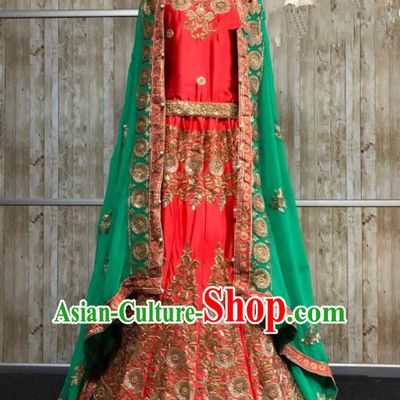 South Asia  Indian Court Queen Wedding Orange Embroidered Dress Traditional   India Hui Nationality Bride Costumes for Women