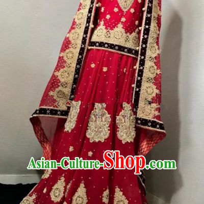 South Asia  Indian Court Queen Wedding Embroidered Red Dress Traditional   India Hui Nationality Bride Costumes for Women