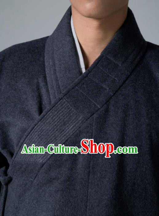 Traditional Chinese Monk Costume Buddhists Deep Grey Woolen Long Robe for Men Traditional Chinese Monk Costume Buddhists Deep Grey Woolen Long Robe for Men