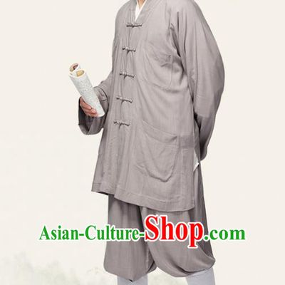 Traditional Chinese Monk Costume Meditation Grey Outfits Shirt and Pants for Men