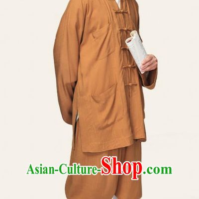 Traditional Chinese Monk Costume Meditation Ginger Outfits Shirt and Pants for Men