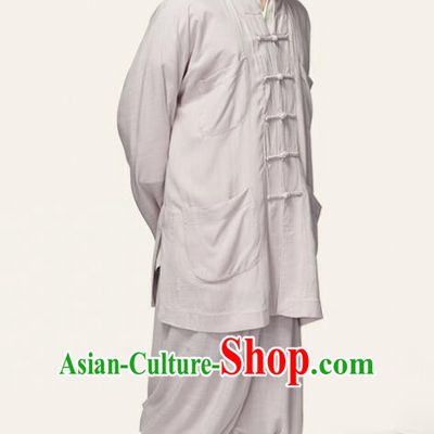 Traditional Chinese Monk Costume Meditation Light Grey Outfits Shirt and Pants for Men