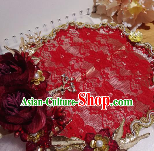 Traditional Chinese Classical Red Lace Palace Fans Hanfu Bride Fan for Women Traditional Chinese Classical Red Lace Palace Fans Hanfu Bride Fan for Women