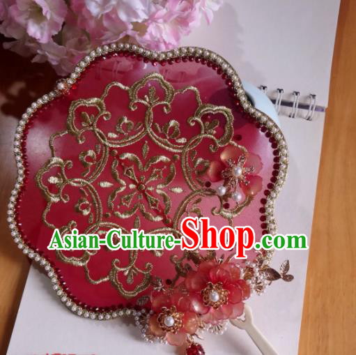 Traditional Chinese Classical Embroidered Red Palace Fans Hanfu Bride Silk Fan for Women