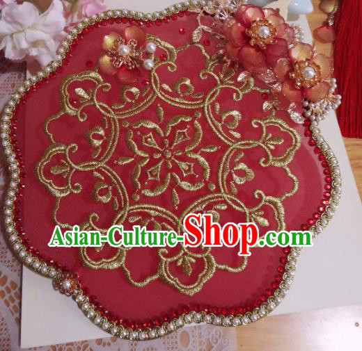 Traditional Chinese Classical Embroidered Red Palace Fans Hanfu Bride Silk Fan for Women