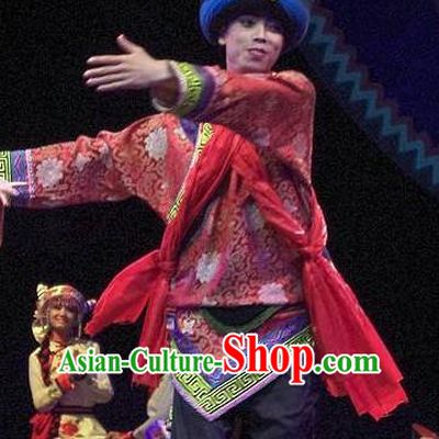 Phoenix Flying Qiang Dance Traditional Chinese Qiang Ethnic Minority Dance Wedding Red Costumes and Headwear for Men