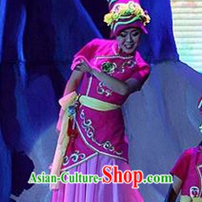 Phoenix Flying Qiang Dance Traditional Chinese Qiang Ethnic Minority Dance Rosy Costume and Headwear for Women