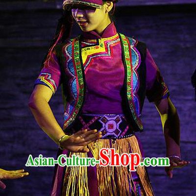 Phoenix Flying Qiang Dance Traditional Chinese Qiang Ethnic Minority Dance Purple Costume and Headwear for Women
