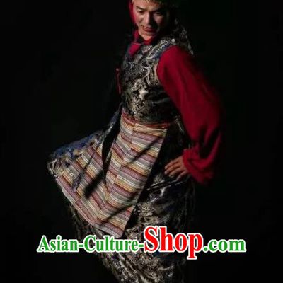 Lang SaWenBo Traditional Chinese Tibetan Nationality Stage Performance Black Costumes and Headwear for Men