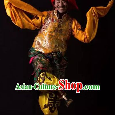 Lang SaWenBo Traditional Chinese Tibetan Nationality Stage Performance Golden Costumes and Headwear for Men