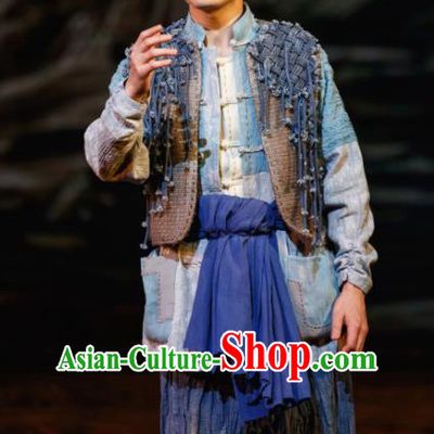 Flowers and Trumpeter Traditional Chinese Hui Nationality Stage Performance Blue Costumes and Headwear for Men