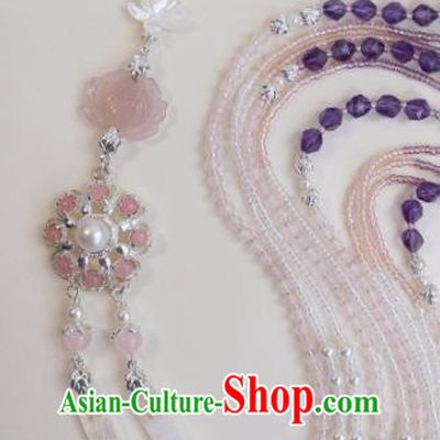 Traditional Chinese Classical Rose Quartz Brooch Pendant Hanfu Palace Tassel Breastpin Accessories for Women