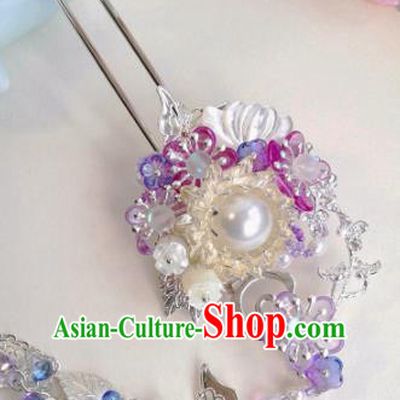 Traditional Chinese Classical Purple Plum Tassel Hairpins Ancient Hanfu Hair Accessories for Women