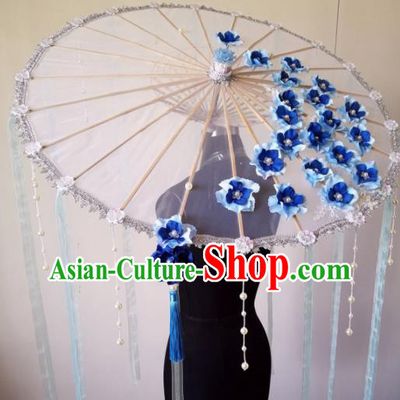 Traditional Chinese Classical Blue Flowers Umbrella Ancient Hanfu Tassel Umbrellas for Women