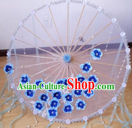 Traditional Chinese Classical Blue Flowers Umbrella Ancient Hanfu Tassel Umbrellas for Women Traditional Chinese Classical Blue Flowers Umbrella Ancient Hanfu Tassel Umbrellas for Women
