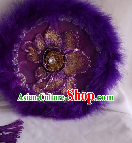 Traditional Chinese Classical Purple Feather Palace Fans Hanfu Bride Round Fan for Women Traditional Chinese Classical Purple Feather Palace Fans Hanfu Bride Round Fan for Women