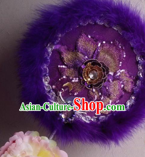 Traditional Chinese Classical Purple Feather Palace Fans Hanfu Bride Round Fan for Women Traditional Chinese Classical Purple Feather Palace Fans Hanfu Bride Round Fan for Women