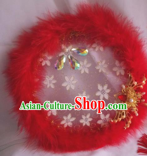 Traditional Chinese Classical Red Feather Palace Fans Hanfu Bride Round Fan for Women Traditional Chinese Classical Red Feather Palace Fans Hanfu Bride Round Fan for Women