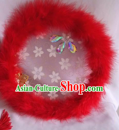 Traditional Chinese Classical Red Feather Palace Fans Hanfu Bride Round Fan for Women Traditional Chinese Classical Red Feather Palace Fans Hanfu Bride Round Fan for Women