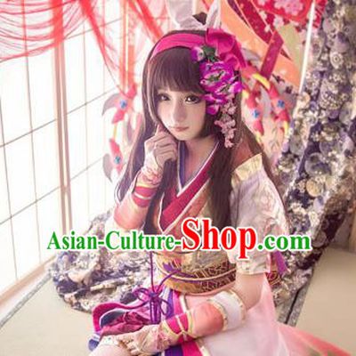 Top Grade Cosplay Geisha Printing Peony Pink Dress Ancient Heroine Costume for Women